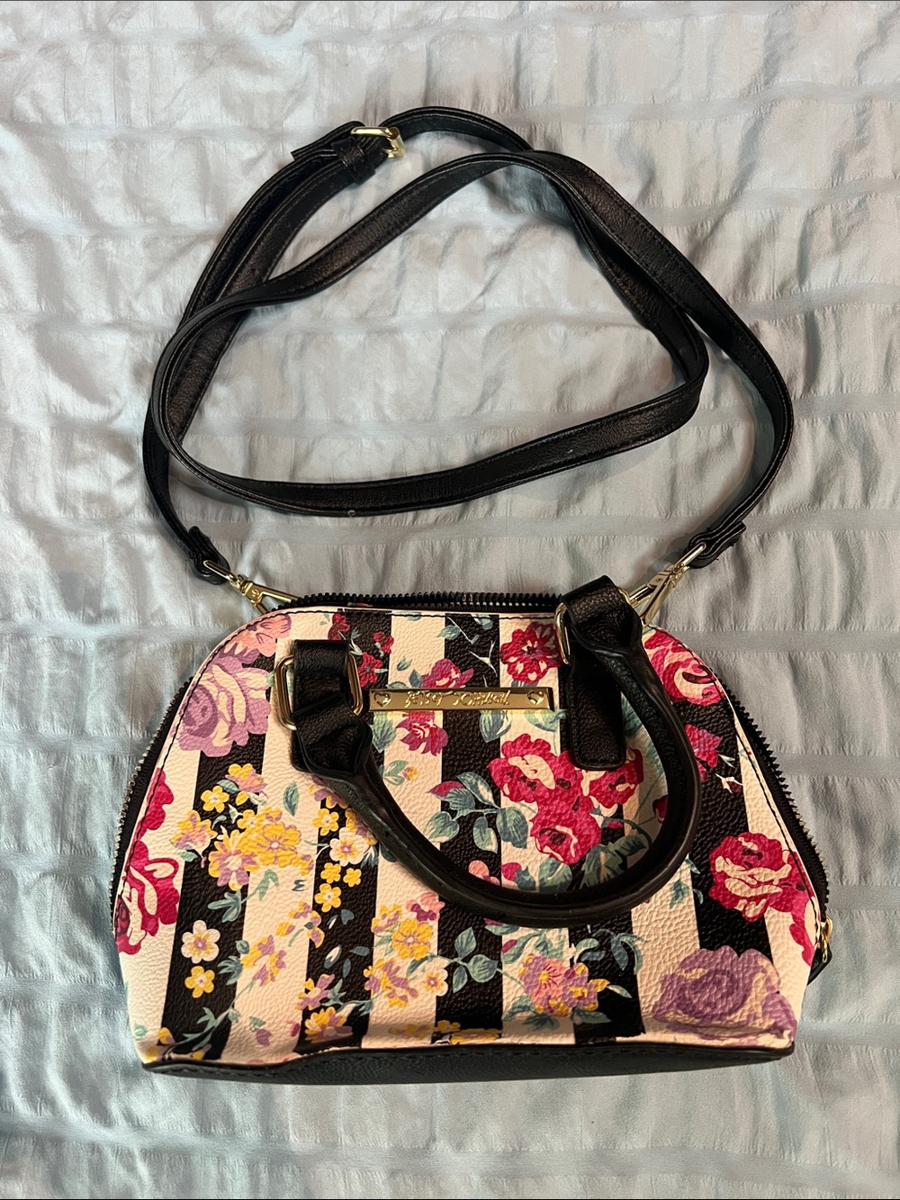 Betsey Johnson Black Floral Stripe Crossbody Bag